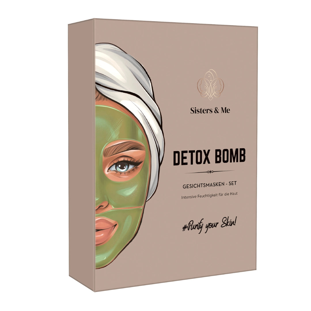 Sisters & Me DETOX BOMB Detox-Pflege-Set Verpackung mit Frauengesicht in grüner Gesichtsmaske und Produktnamen