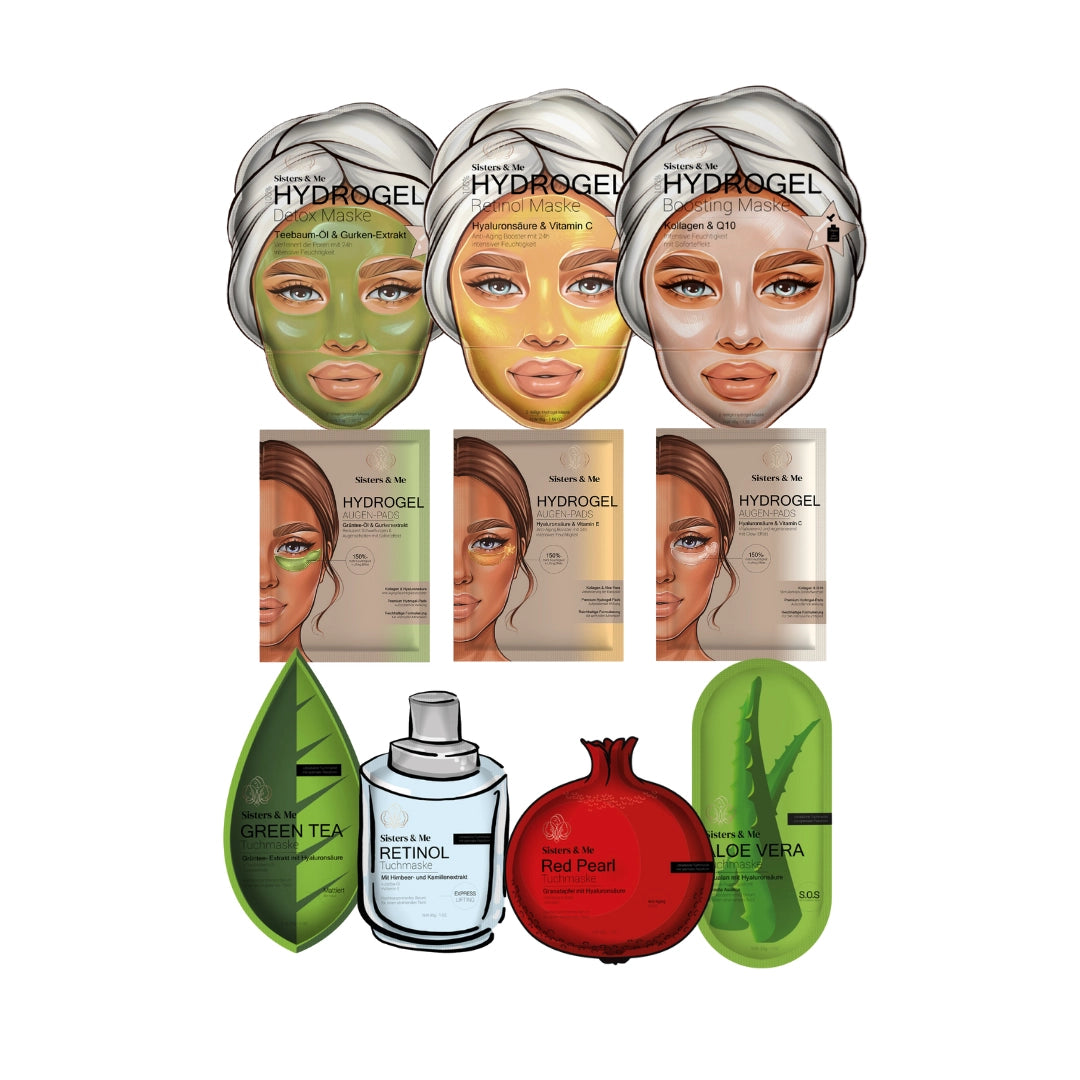 Sisters & Me Probierset mit verschiedenen Hydrogel Masken und Augenpads inklusive Tuchmasken und Illustrationen von Zutaten wie Granatapfel, Aloe Vera und grüner Tee.