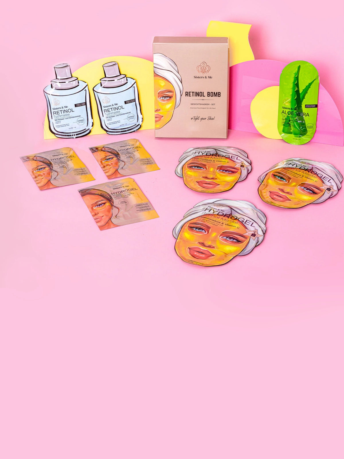 Sisters & Me Retinol Set Anti-Aging Set mit Gesichtsmasken und Augenpads, ausgelegte Produkte auf rosa Hintergrund