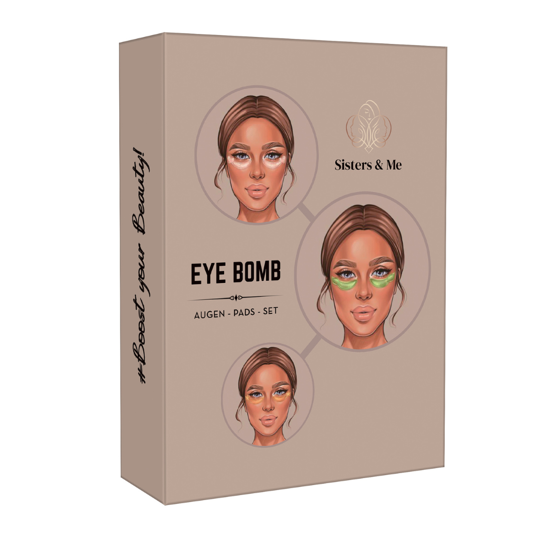 Sisters & Me Eye Bomb Augen-Pads-Set Verpackung mit drei illustrierten Frauen und Produktbezeichnung