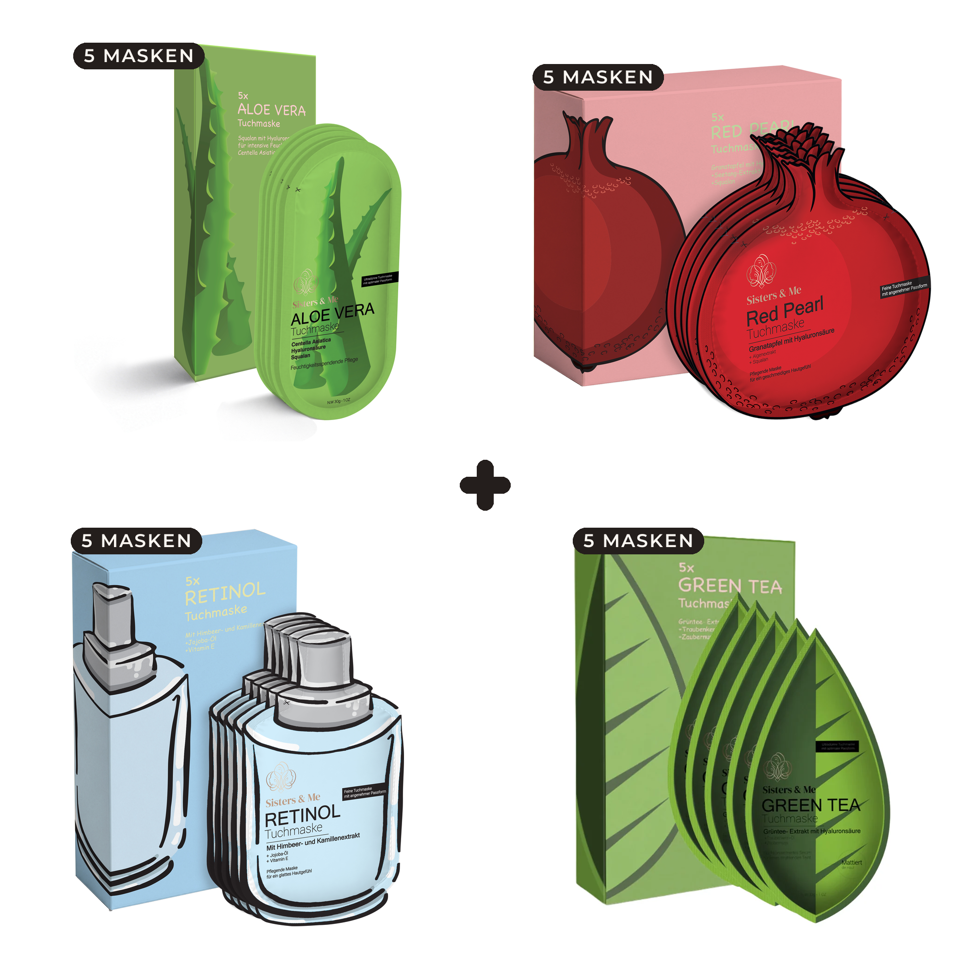 Tuchmasken Glow Bundle – 4 Sorten (20 Tuchmasken)
