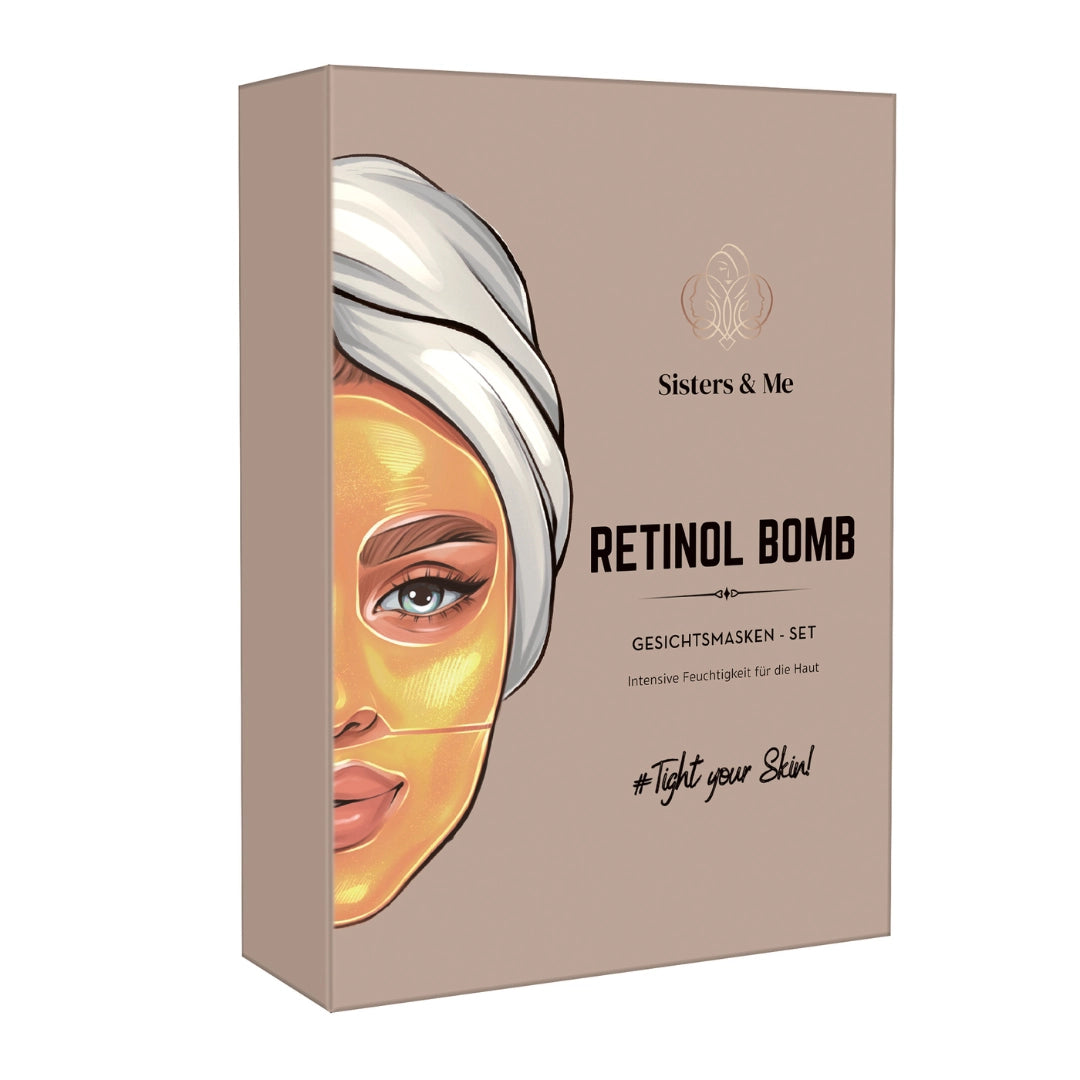 Sisters & Me RETINOL BOMB Anti-Aging Gesichts- und Augenmasken Set, Verpackung mit Frauenillustration und Produktname