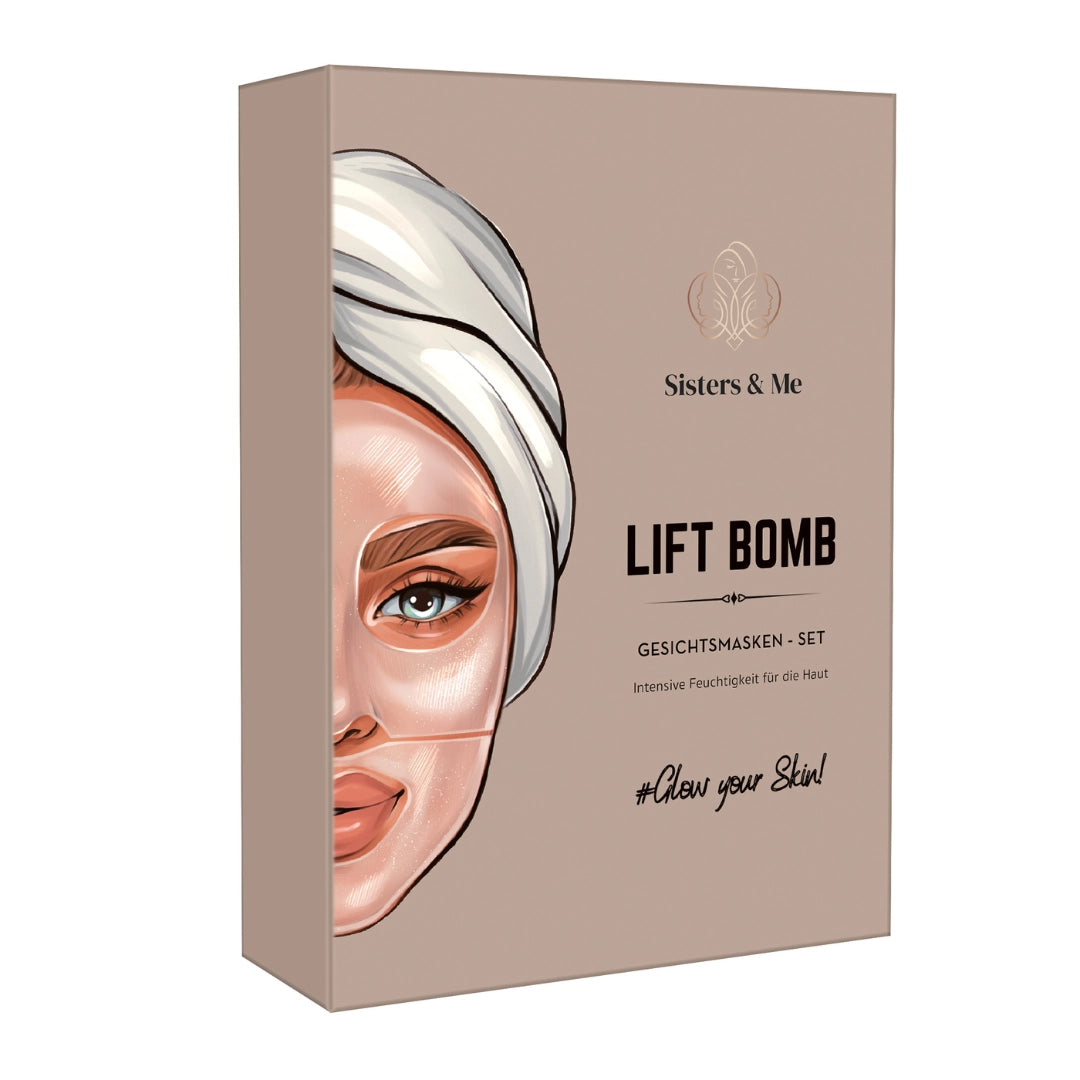 Sisters & Me LIFT BOMB Lifting Gesichtsmasken-Set Verpackung mit weiblicher Illustration und Produktname